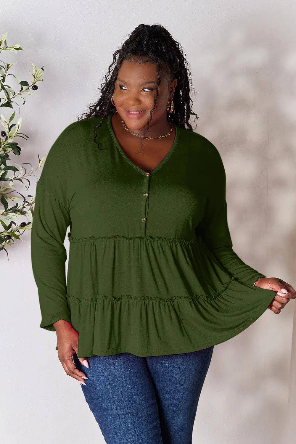 Double Take Half Button Long Sleeve Ruffle Hem Blouse - M. Burks Pretty Boutique LLC.shop