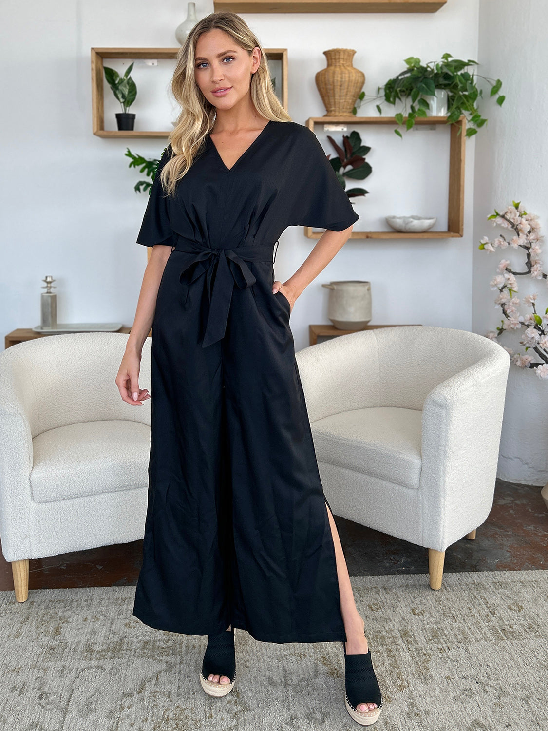Double Take Full Size V-Neck Tied Side Slit Jumpsuit.