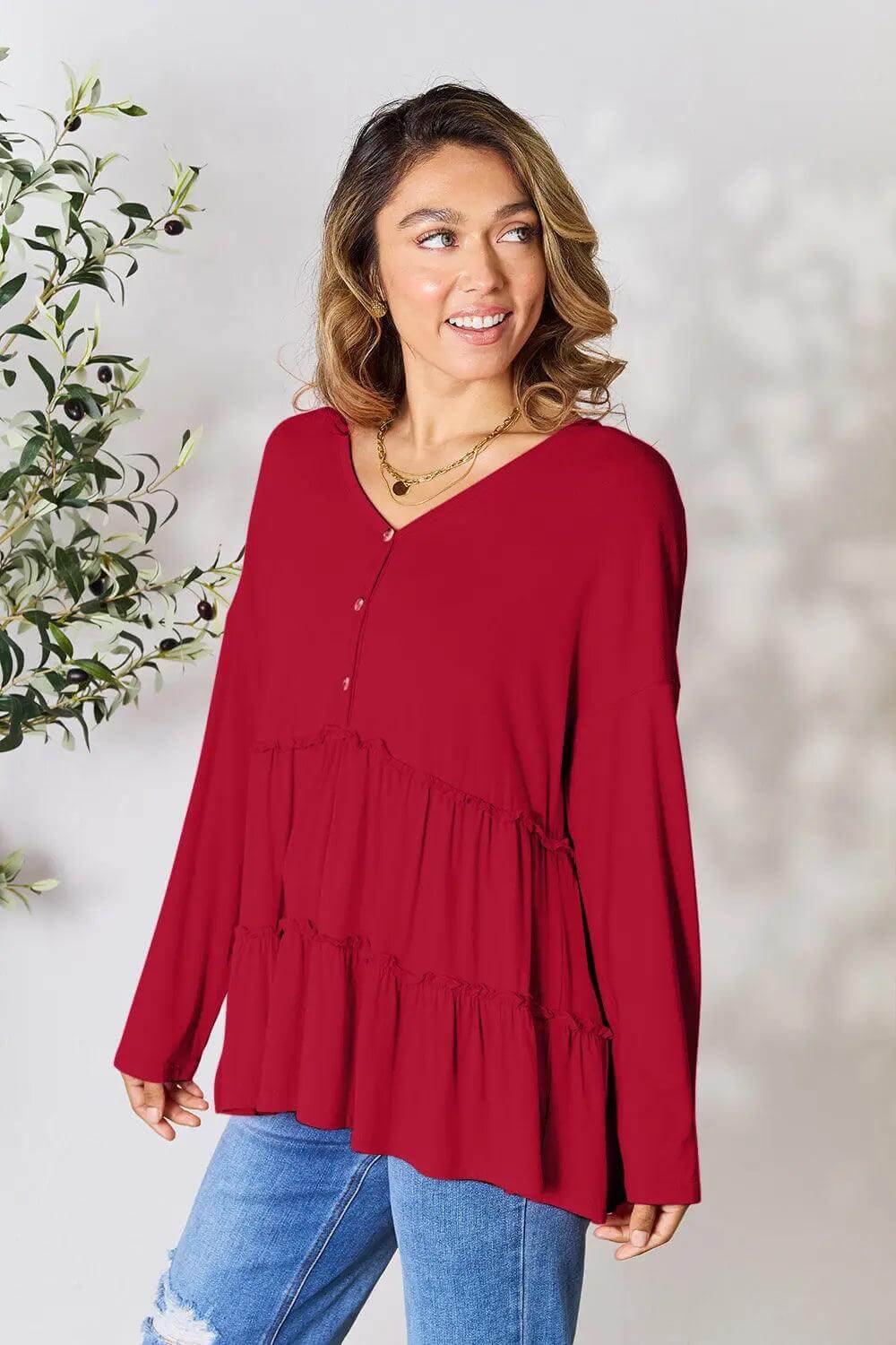 Double Take Half Button Long Sleeve Ruffle Hem Blouse - M. Burks Pretty Boutique LLC.shop