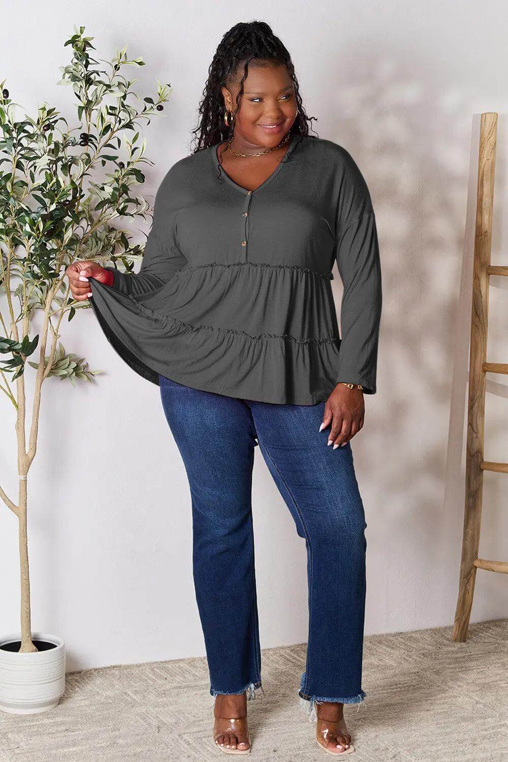 Double Take Half Button Long Sleeve Ruffle Hem Blouse - M. Burks Pretty Boutique LLC.shop