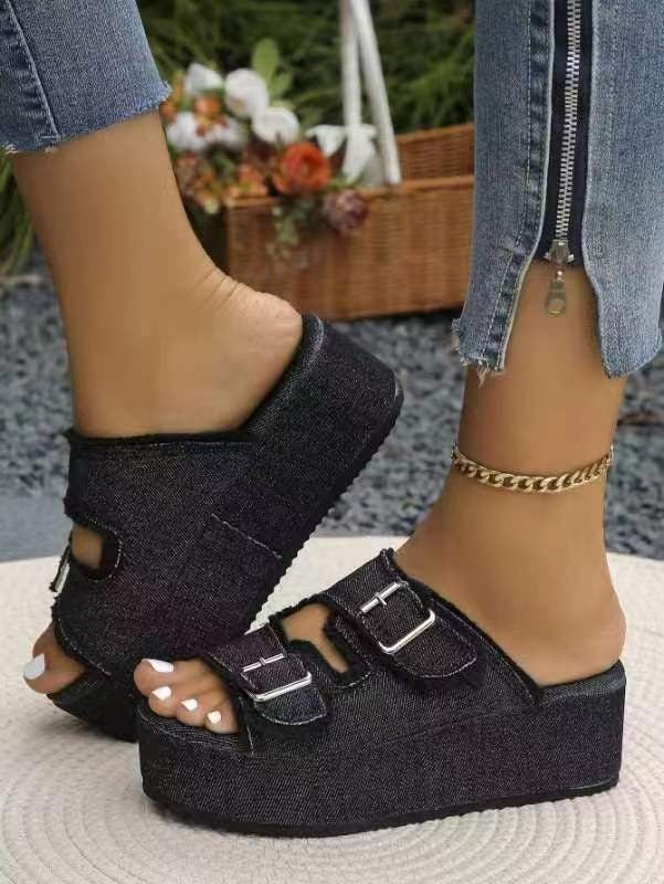 Raw Hem Wedge Buckle Sandals.