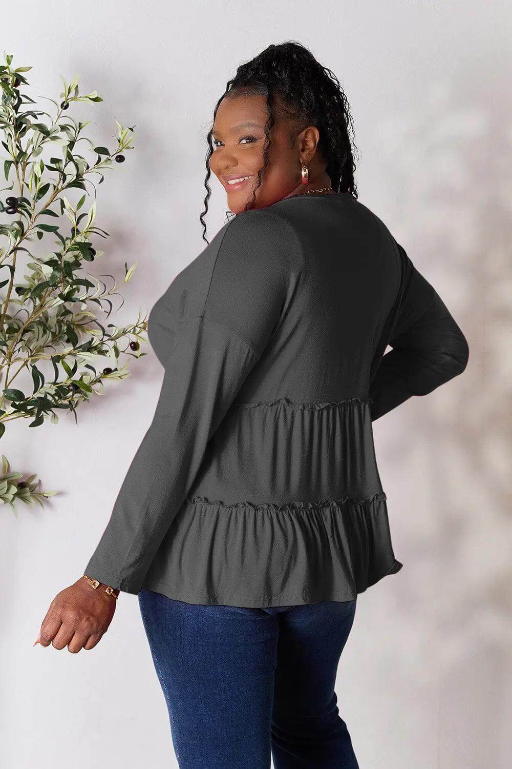 Double Take Half Button Long Sleeve Ruffle Hem Blouse - M. Burks Pretty Boutique LLC.shop