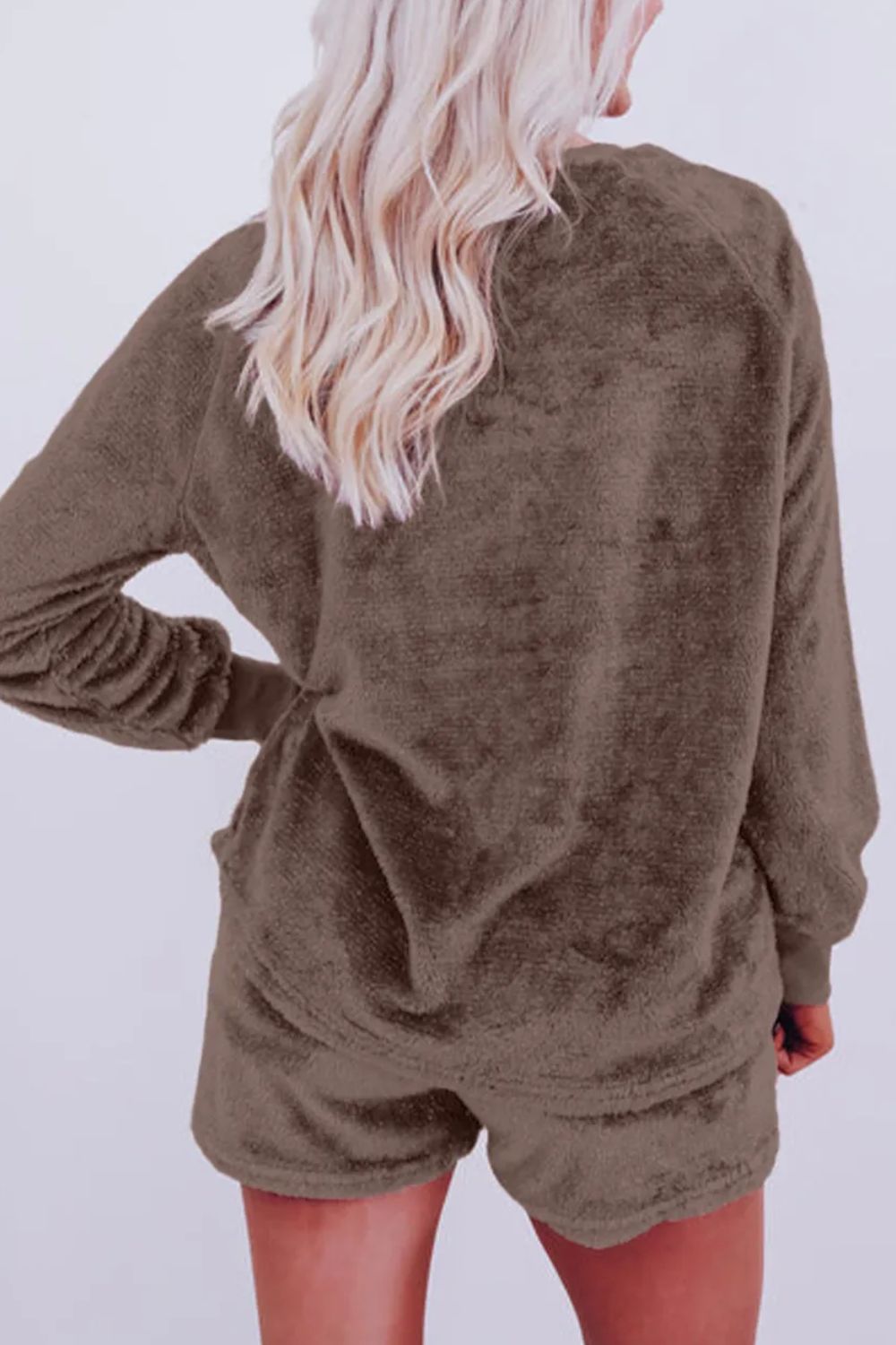 Round Neck Long Sleeve Top and Shorts Lounge Set.