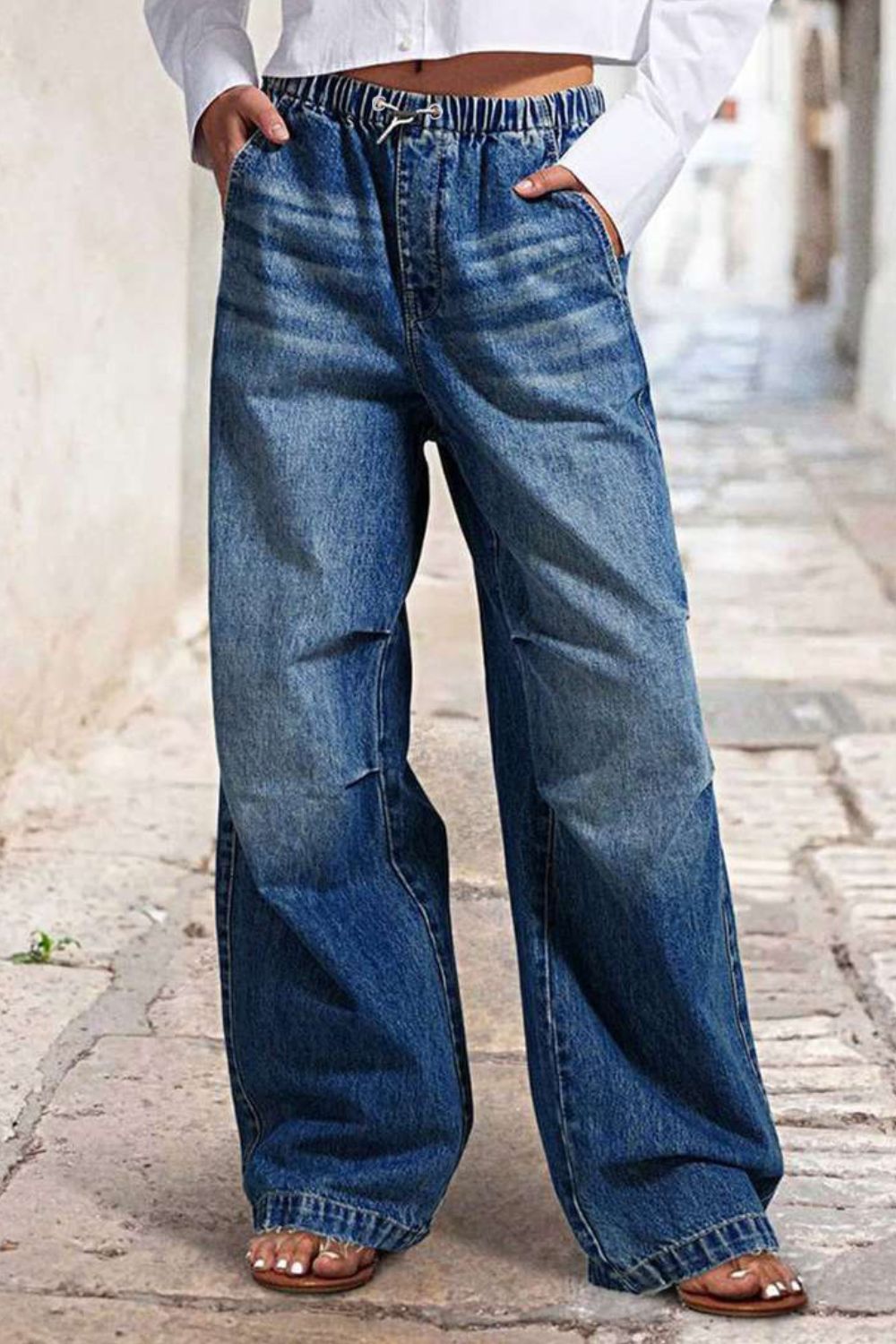 Drawstring Waist Wide Leg Shirred Jeans.