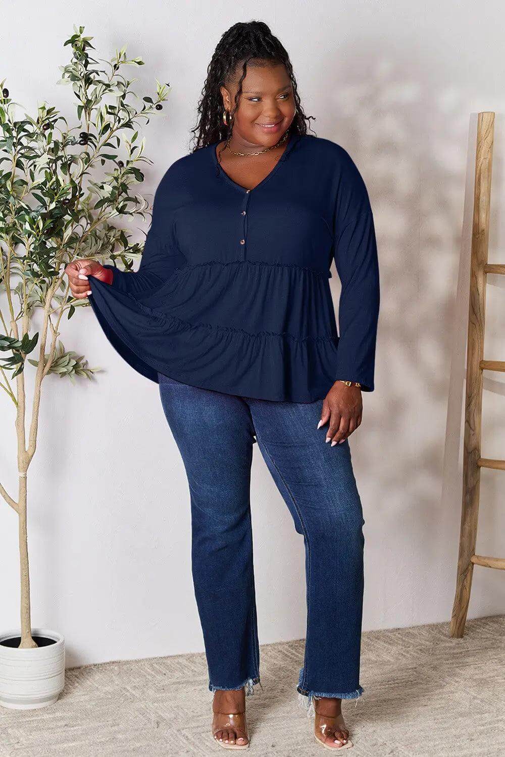Double Take Half Button Long Sleeve Ruffle Hem Blouse - M. Burks Pretty Boutique LLC.shop