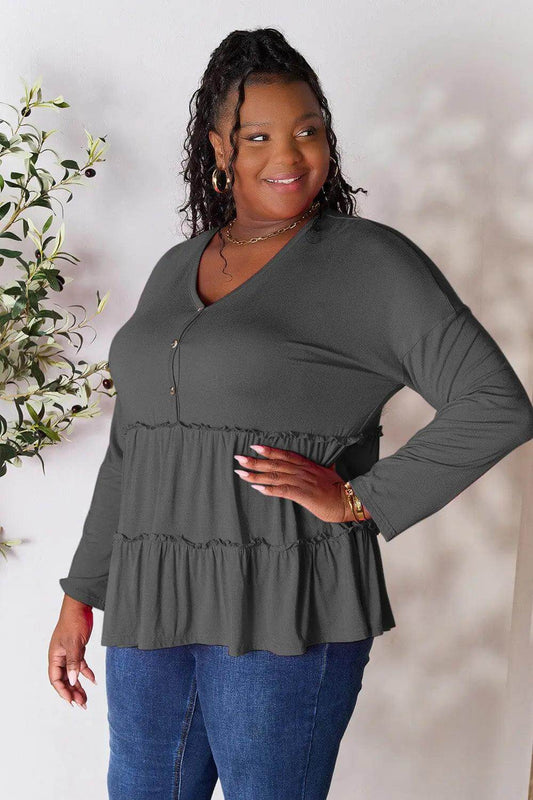 Double Take Half Button Long Sleeve Ruffle Hem Blouse - M. Burks Pretty Boutique LLC.shop