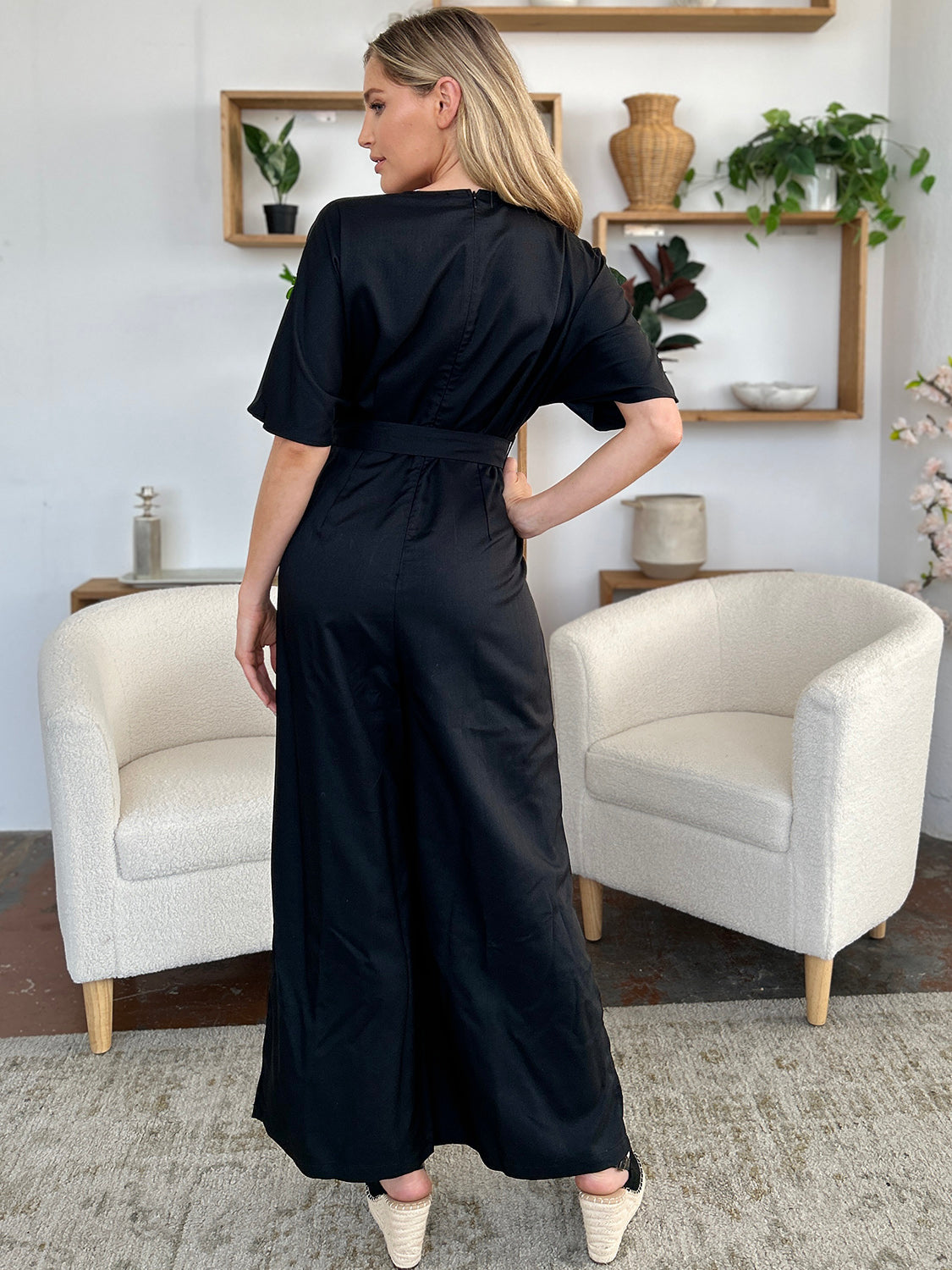 Double Take Full Size V-Neck Tied Side Slit Jumpsuit.