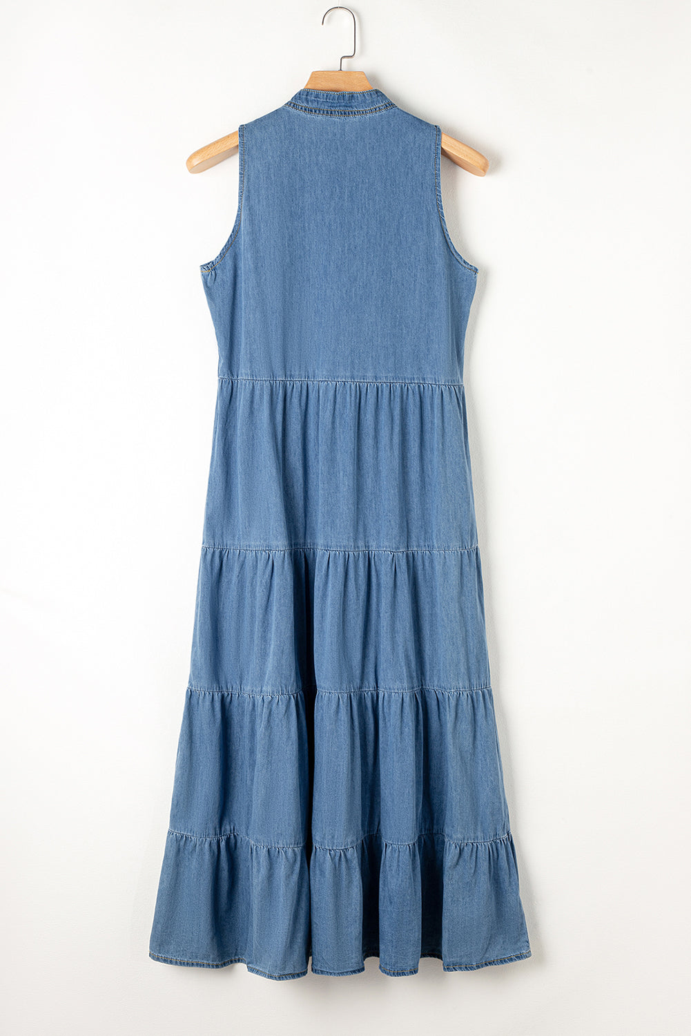 Tie Neck Tiered Maxi Denim Dress.