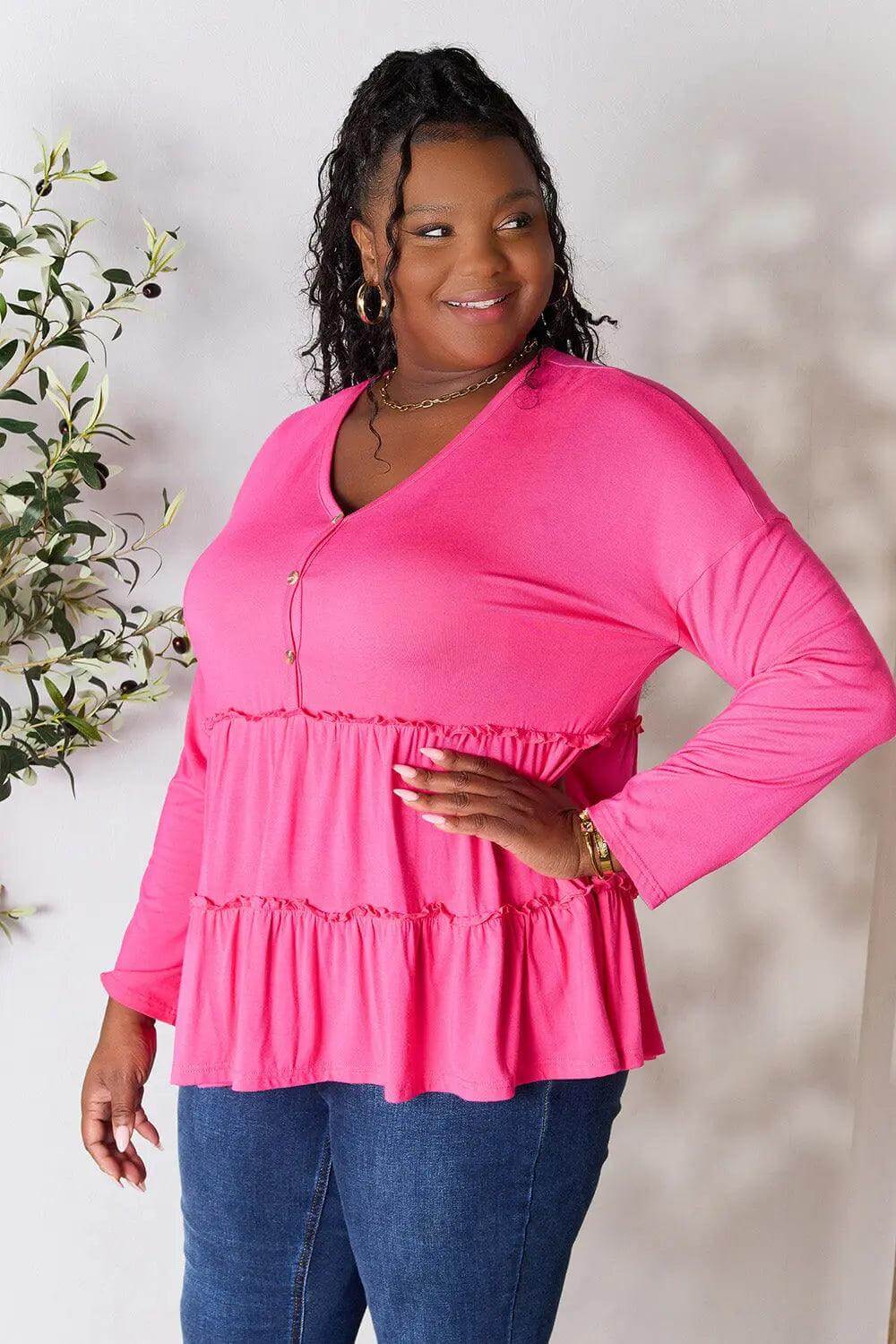 Double Take Half Button Long Sleeve Ruffle Hem Blouse - M. Burks Pretty Boutique LLC.shop