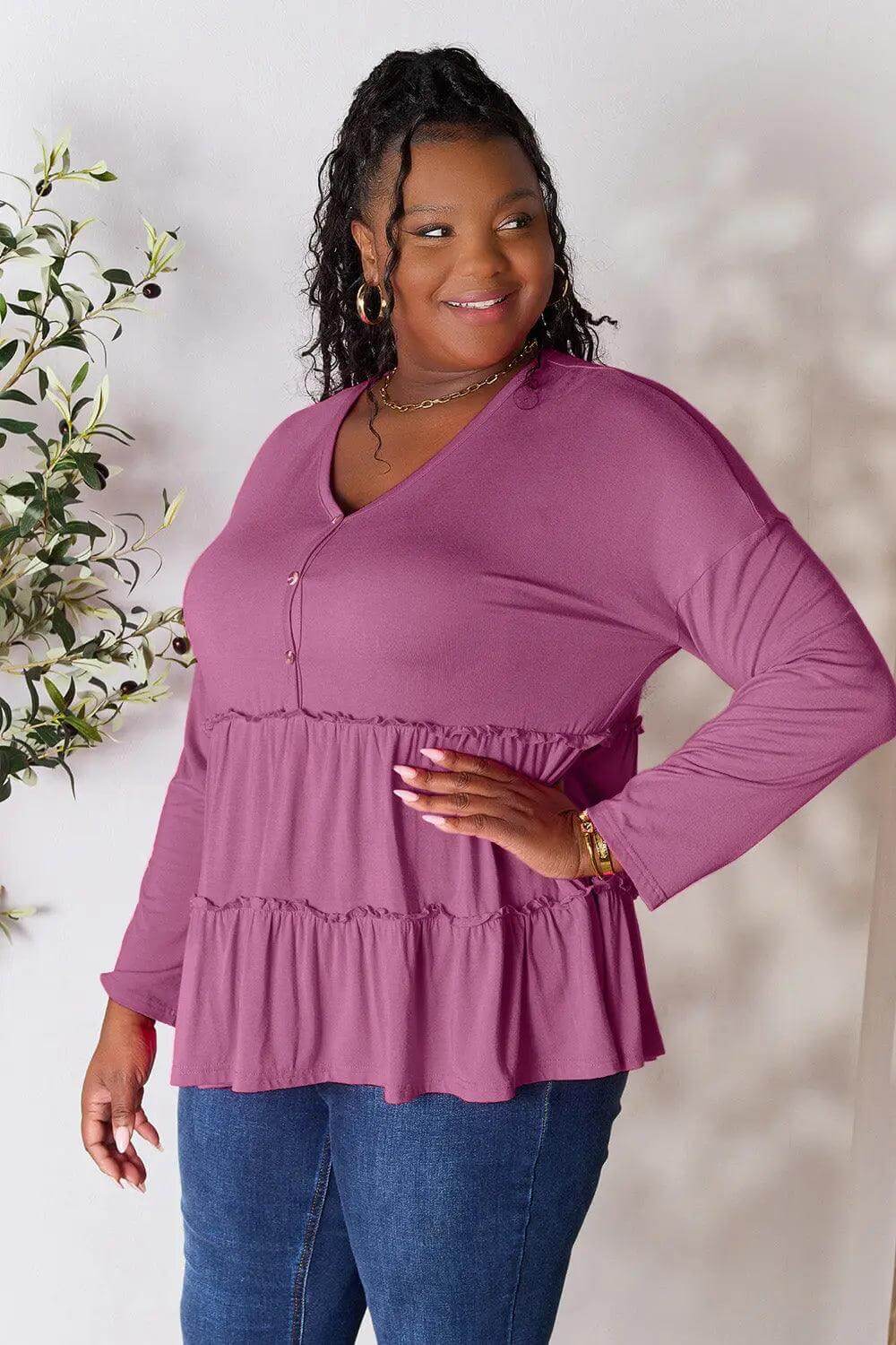 Double Take Half Button Long Sleeve Ruffle Hem Blouse - M. Burks Pretty Boutique LLC.shop