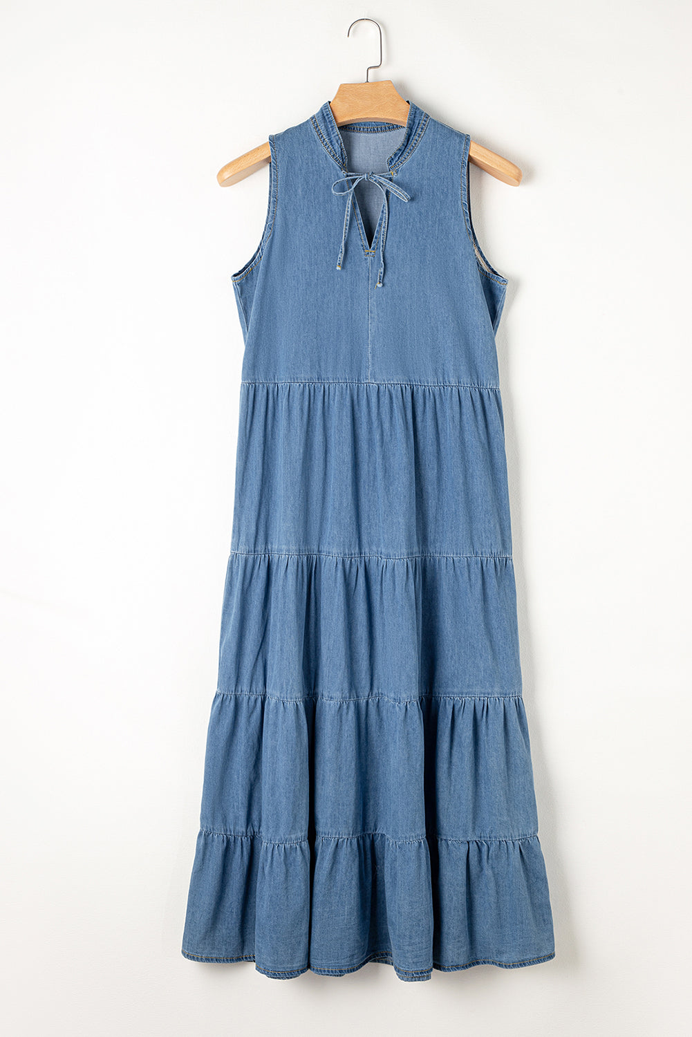 Tie Neck Tiered Maxi Denim Dress.